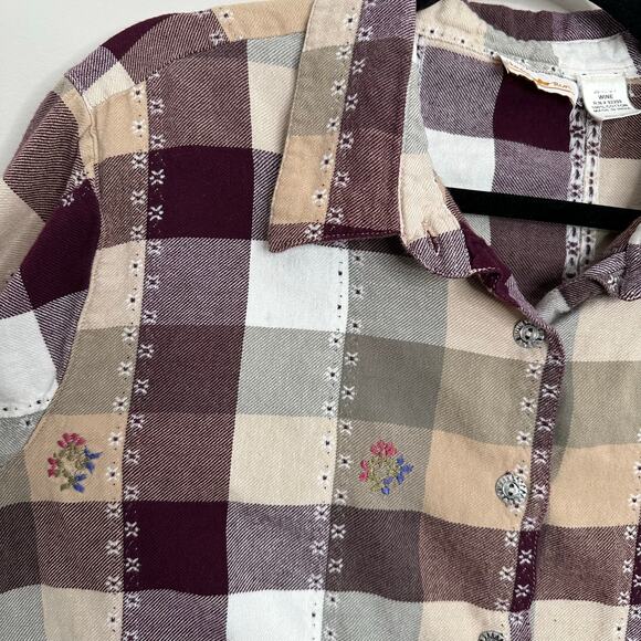 Hunter Run Women's Checkered floral embroidered flannel flower metal buttons XL - Picture 2 of 8